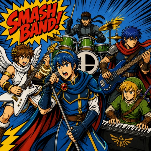 Super smash brothers link from legend of Zelda, pit from kid Icarus, Marth from fire emblem, Ike from fire emblem, Solid Snake from metal gear. There in a band, Marth singer,pit playing the guitar,Ike playing the bass, Solid Snake playing the drums,link playing the electric piano 