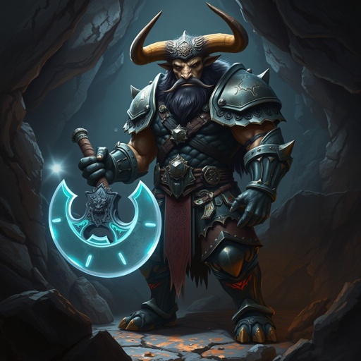 DnD 3.5e Minotaur holding a massive glowing great axe standing alone in a cave