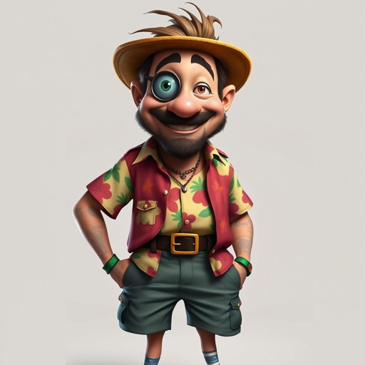 Create a funny adult guy name one eye Willy, who has one eye patched, show entire body head to toe 