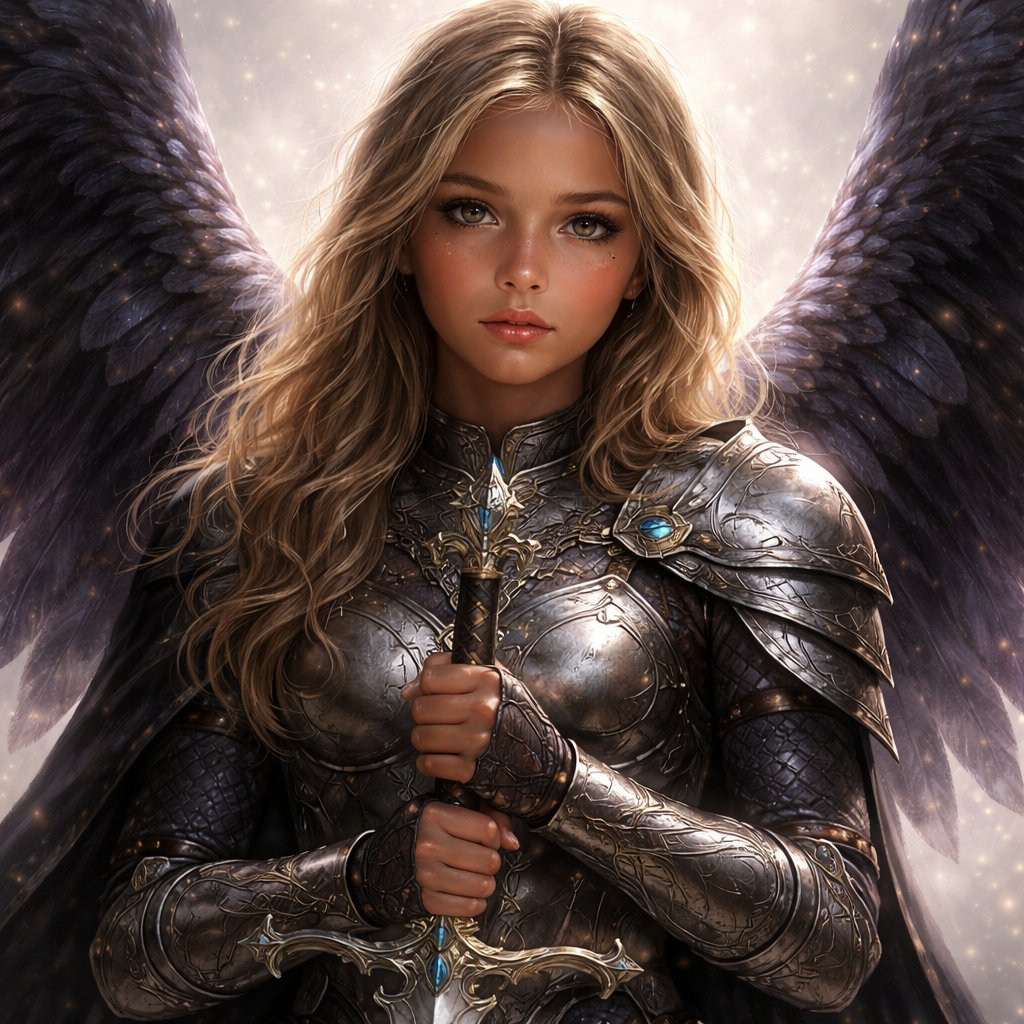 Light blonde hair. She has deep bronzed colored skin. 15 year old girl with tan skin and brown eyes with gold fleck in them. She has skin tight armor thats decorated and fancy. She has stunning black wings with purple hues. She is carrying a double sided sword with a heeled hilt. The background is a hazy mist of silver and purple and gold glints of light