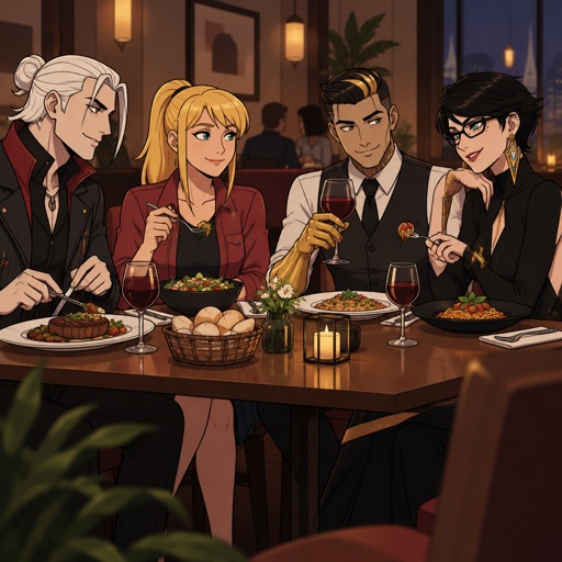 Kado Thorne from Fortnite white hair medium length back hair bun pale skin, Samus Aran zero suit, Midas from Fortnite not gold skin, Bayonetta from super smash bros short hair, all eating at a restaurant, all wearing casual clothes, double date no facial hair, clean shaven 