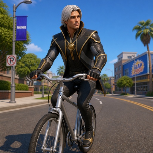 The ageless from  Fortnite no mask riding a bike 