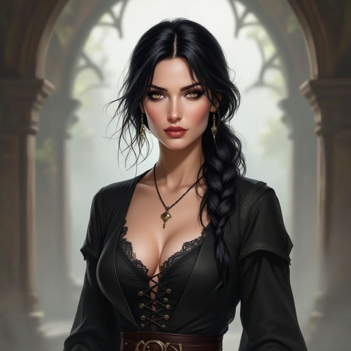 Show character head to toe. Create a mid age fantasy woman jet-black hair is cut sharpand her eyes seem to pierce through darkness. A shadowy aura clings to her form,