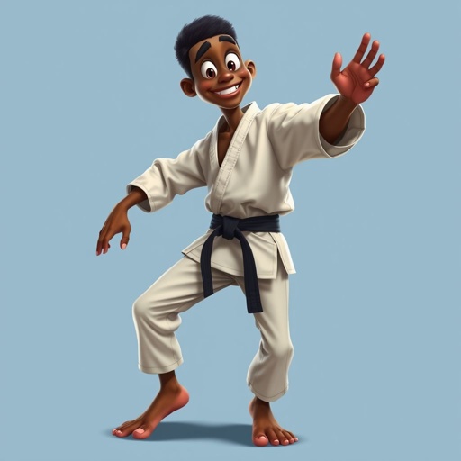 Create a character who looks like a funny African karate guy who doesn’t have a clue what he is doing. Make him have weird toes, only speedos on and a black karate belt. Make him tall skinny and slinky.