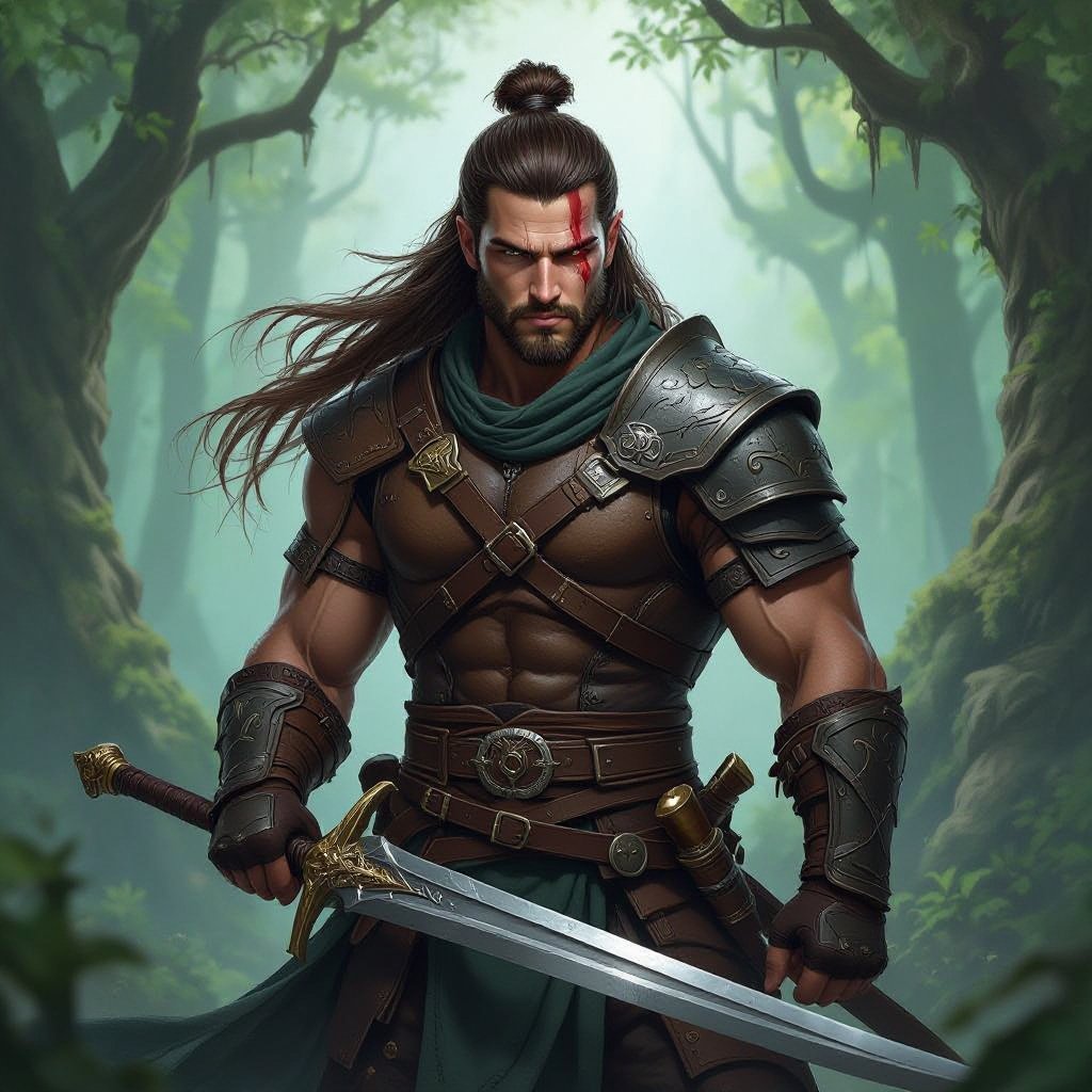 A strong fighter male with long hair in a half bun