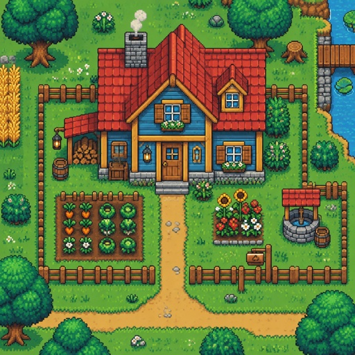 cozy Farmhouse, different colors, for a modern fantasy game, exterior, top down style