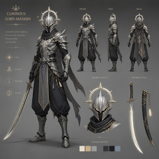assassin, long curved sword, crested helmet, dark silver armor, luminous lord, baggy pants