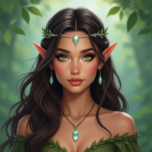 Female elf with olive skin and dark brown hair 