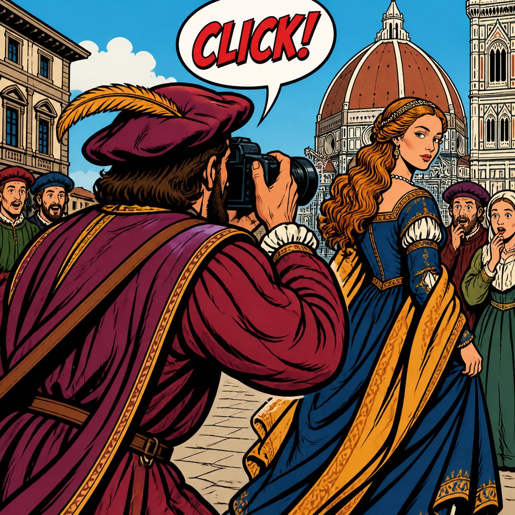 A pappatrazzi taking photos, rest and renaissance robes we see him from the rear 3/4