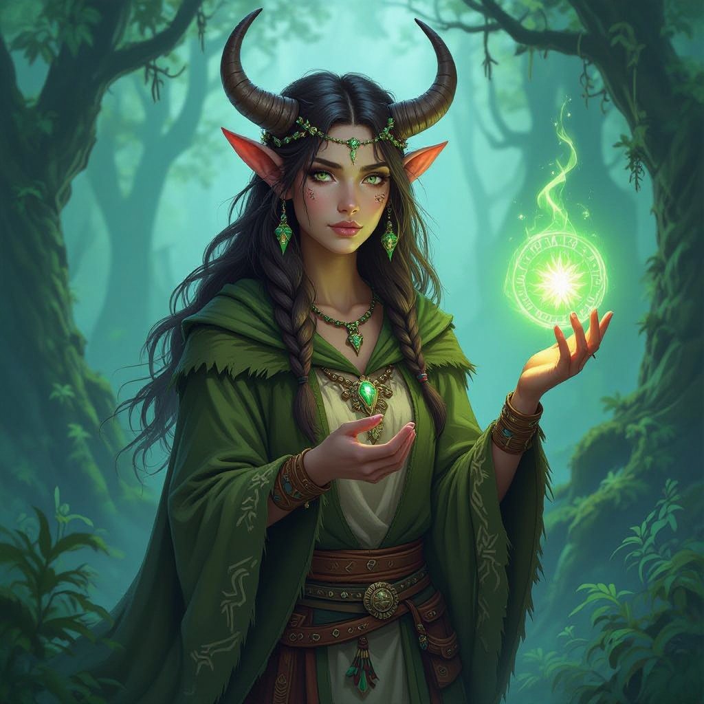 A female Firbolg (bovine-folk) Druid