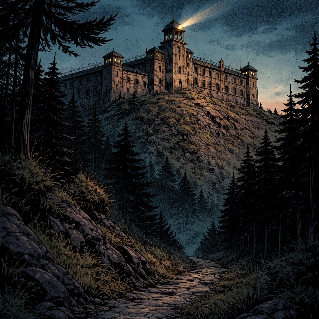 Realistic, refined. In the foreground is an old building like a prison. Leading from the prison is a steep hill with trees. It is evening