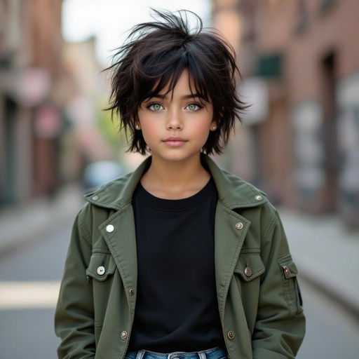 Short black hair. Jade green eyes. Black t-shirt. Green jacket. Torn jeans. Sport shoes. 13 years old girl.