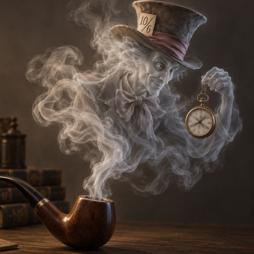 A ghost coming out of a tobacco pipe like smoke  with the mad hatter hat on is checking his pocket watch that is going crazy