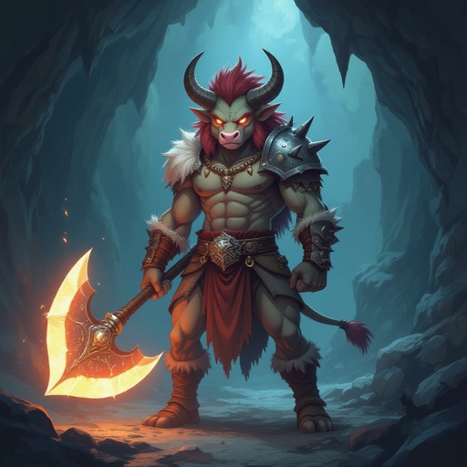 DnD 3.5e Minotaur holding a massive glowing great axe standing alone in a cave
