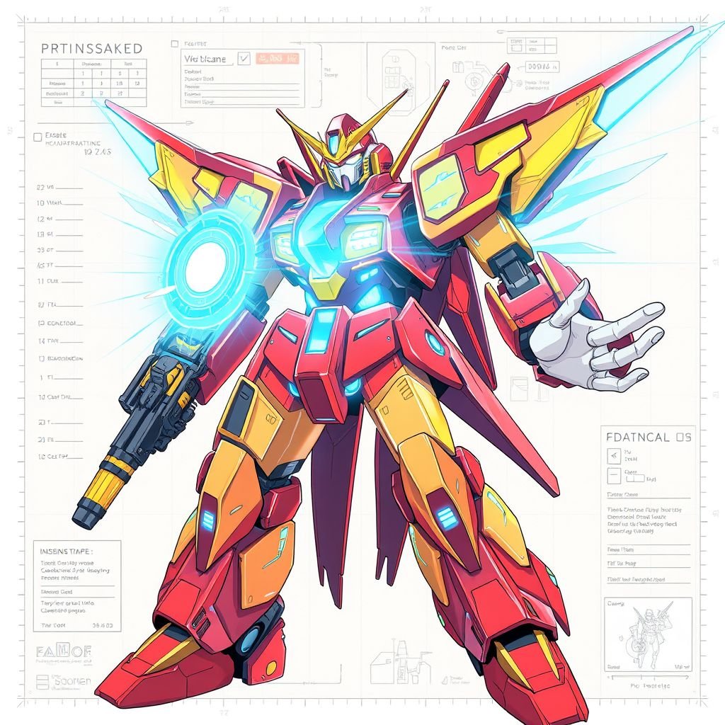 Make a super powerful red and yellow mech with blue highlights and a holographic shield and an energy rifle that fires electro-magnetic waves. The whole picture is a blueprint of the mech with labels and annotations. The engineers hands can be seen outside of the blueprint and in the corners of the picture