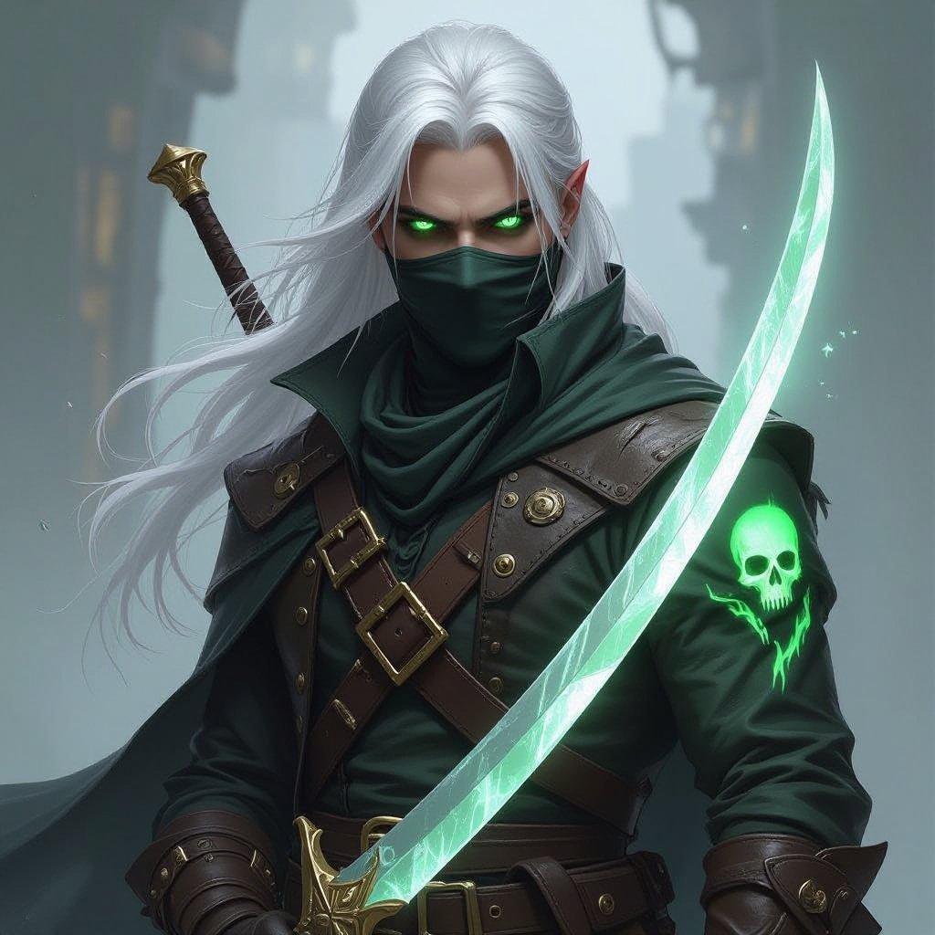 5’7 tall platinum hair almost white bright green eyes human keeps face covered 130 lbs Ghost form tattoo on right arm Duel wielding crystal rapier blades rouge pirate captain