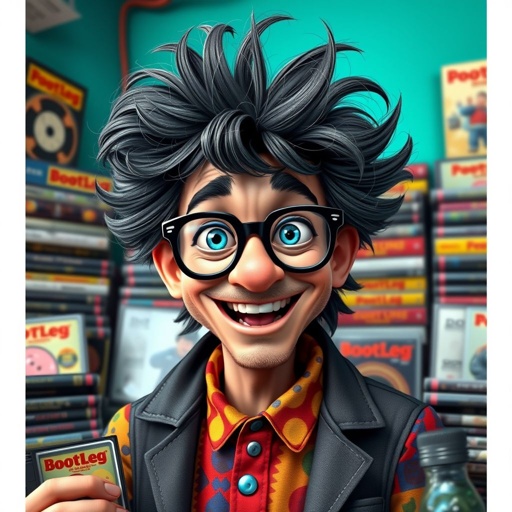 create a guy name bootleg who sellers dvd’s for movies that are fake dvds. Make him funny looking. And make sure the image shows him head to toe like his whole outfit