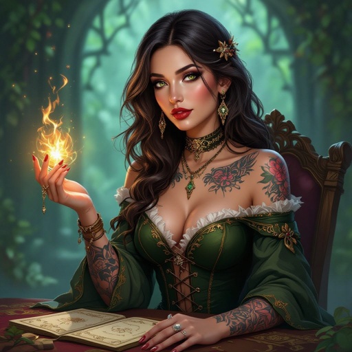 Kobieta człowiek. Ciemnobrązowe włosy, ciemne oczy, pełne usta, tatuaże. Wróżka tarota