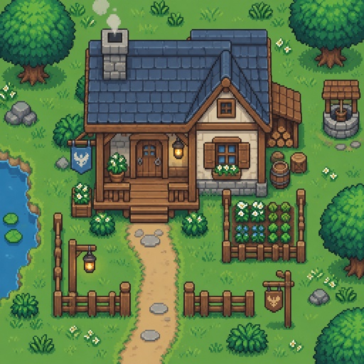 Cozy small house with porch for a modern fantasy game, top down style, shading and highlights 