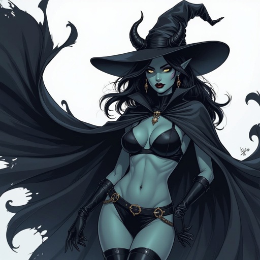 sexy shadow demon witch gypsy slate grey skin large black billowing cloak that emits darkness and shadow. Two piece. Witches Hat. Demon horns