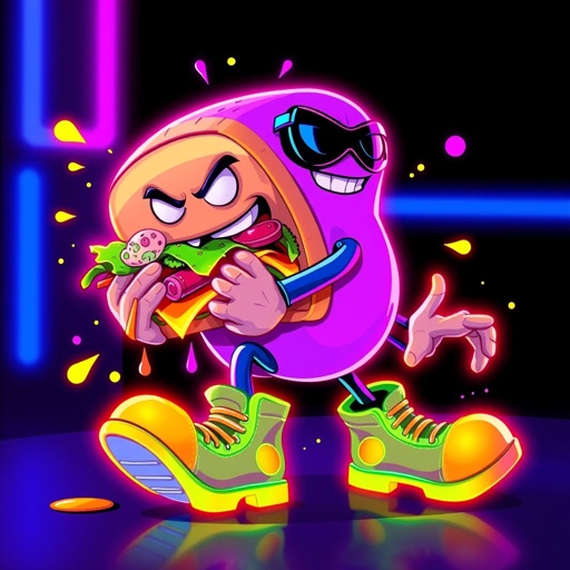 Create a funny looking clumsy sandwhich thief with funny shoes on. Make him have on the bandit black thing around his eyes 