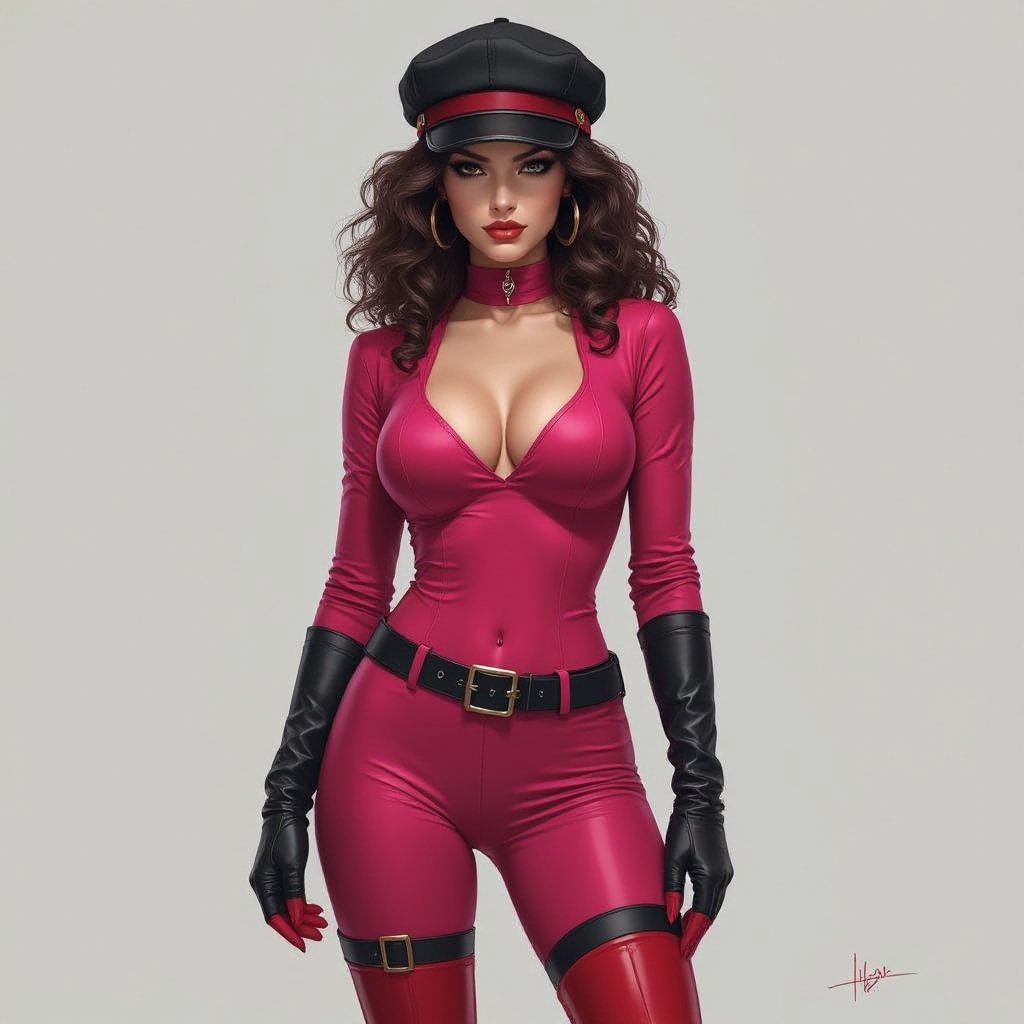 Dark Brown Frizzy Haired Spy Thief in a Tight Hot Pink Bodysuit Dark Red Thigh High Pump Boots. Black Biker Gloves. Black and Red Newsboy Cap
