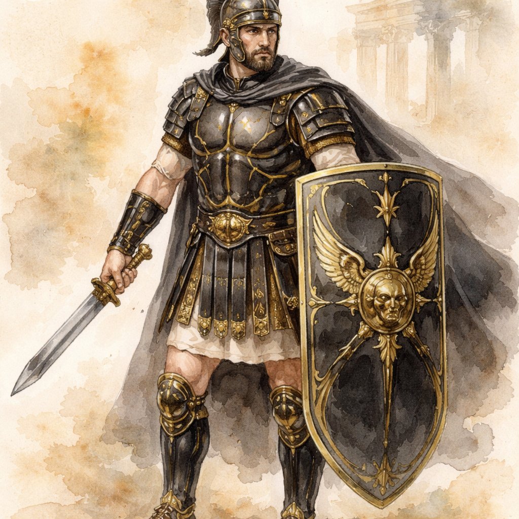 A Roman recruit in black and gold armour with a black and gold shield