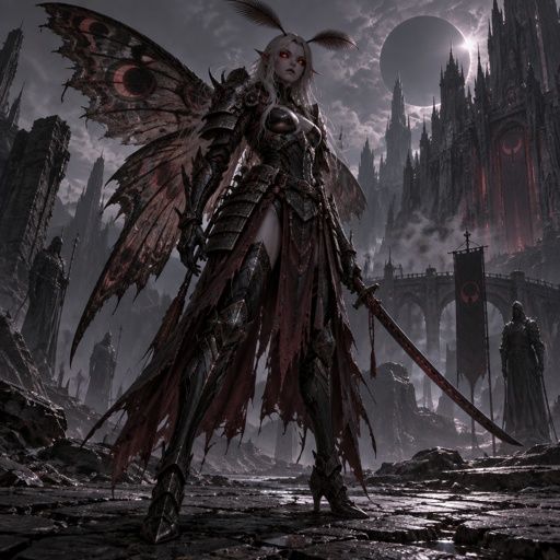A gorgeous alien moth woman in a futuristic space samurai armor. Show whole body. 
