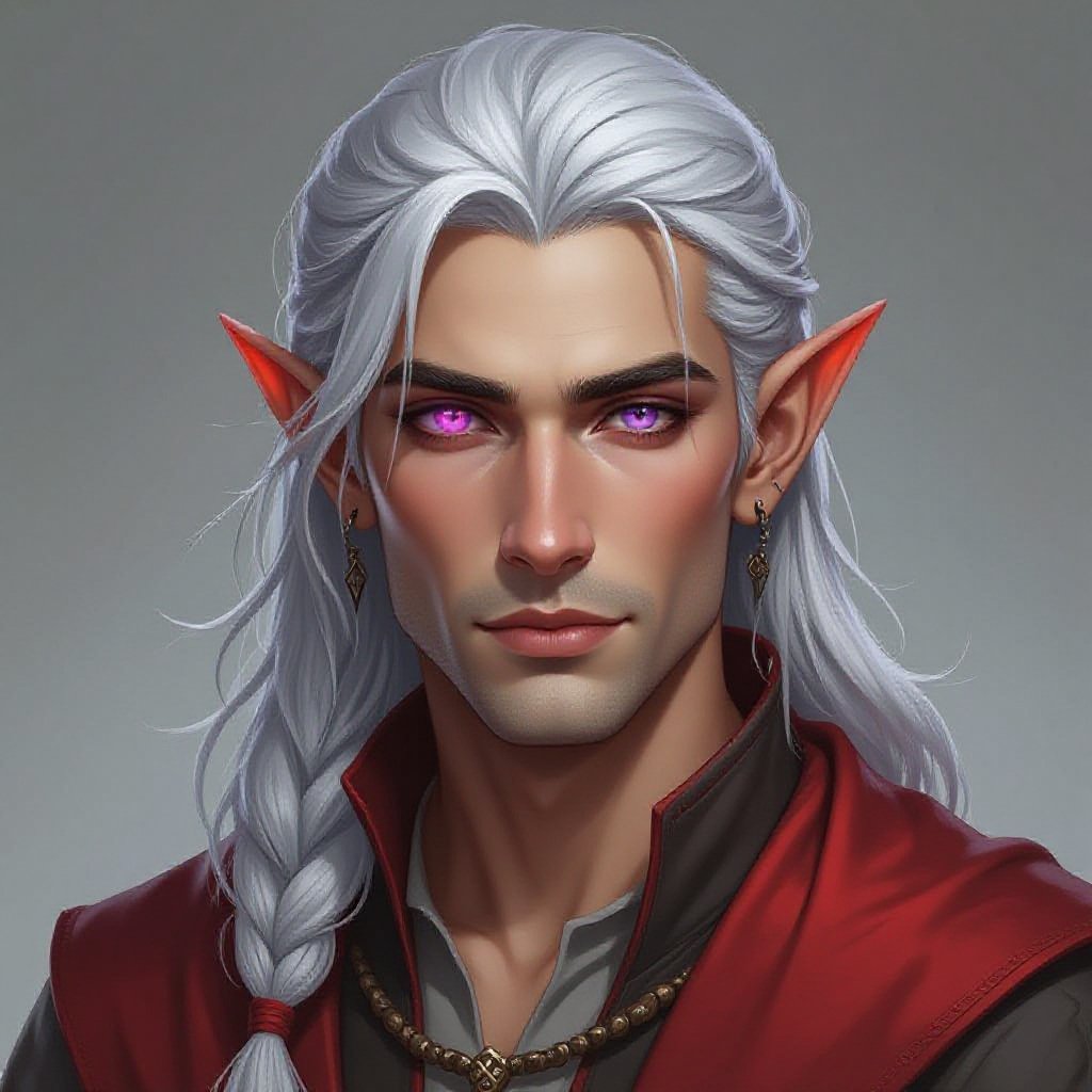 Silver hair man. Lean. One purple eye and one grey eye. Wearing red and grey.