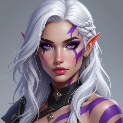 A female Goliath dnd character who has white hair and Snow White porcelain skin with purple streaks across her face and body and deep violet purple eyes