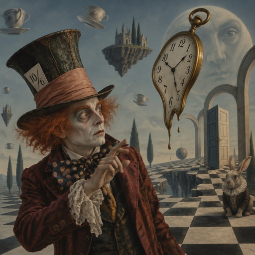 The mad hatter is checking his pocket watch that is going crazy