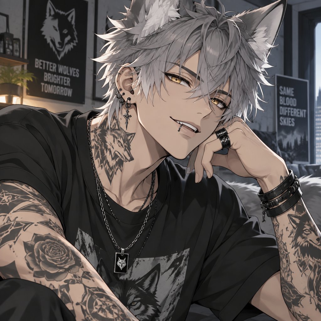 Male,wolf ears,gray hair with white tips,yellow eyes,lip and ear piercings,tattoos on neck and arms,a smile that could steal the ladies