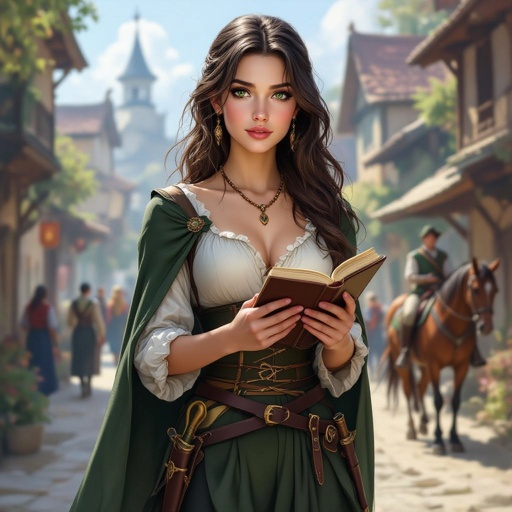 Human. Normal ears. A young human woman. Rouge. Thief.
Long brown hair, large green eyes. Pale complexion. Delicate beauty. Holding a book. She's wearing an elegant shirt that reveals her shoulders and an amber necklace. She's wearing long black pants and a green skirt that's shorter in the front. A village is in the background. People are walking by. A dagger at her belt. Horses are visible. It's daytime. The woman is looking around
. realistic atmosphere. More realistic. No major jewelry. She wears no rings or earrings. She has a green cape. She turns her head to follow someone.
