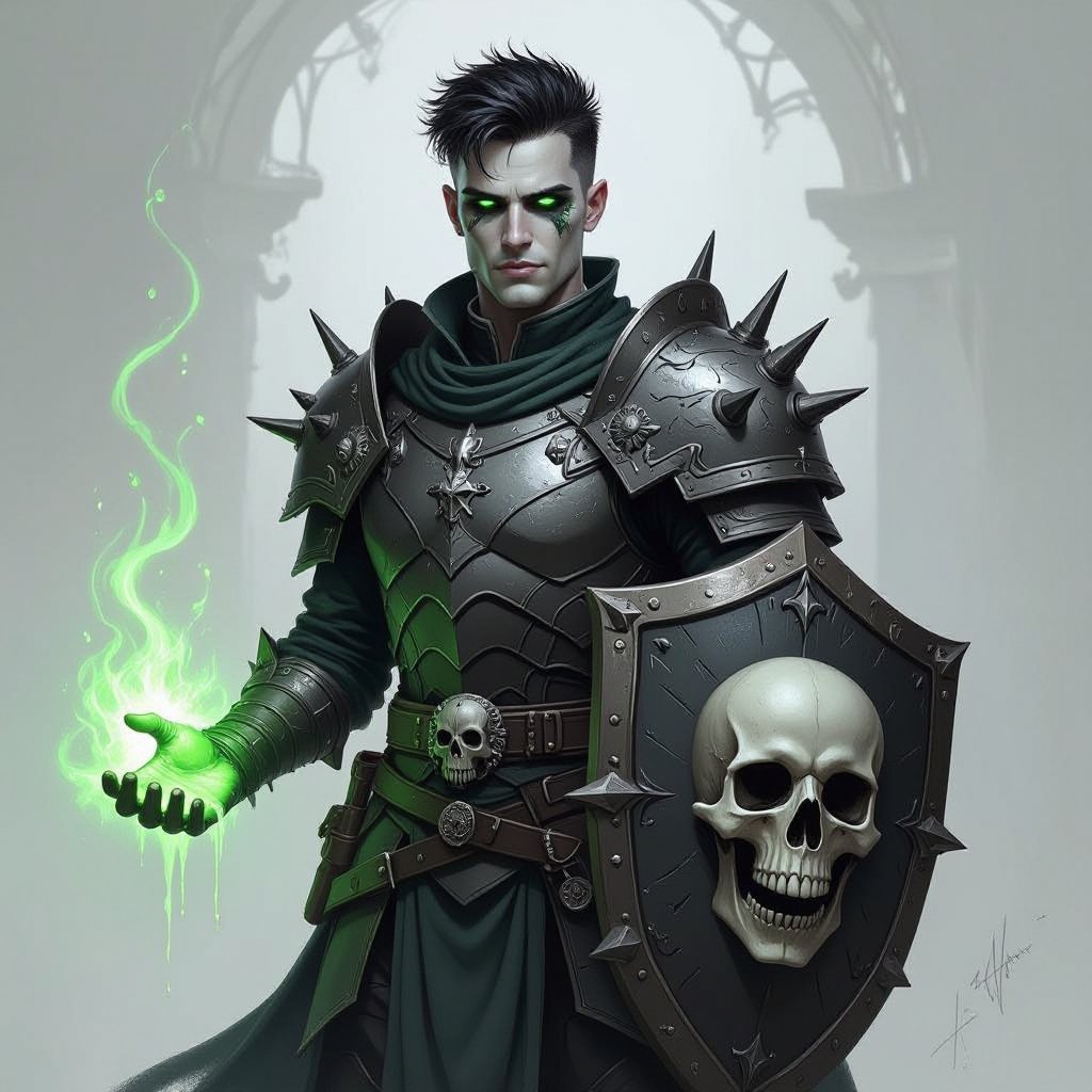 Male Cleric with heavy armor, and a shield white skin and short black hair. Green magic coming from his hands