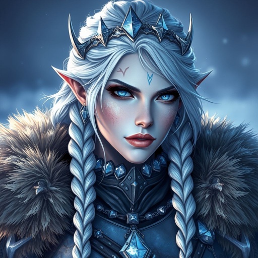 Create a character head to toe showing the whole character: Alvara the Frostheart – A tall, battle-hardened woman with pale, icy-blue skin that glimmers like frost in the sun. Her long silver hair flows in braids tipped with frozen beads. She wears heavy, fur-lined armor made from the hides of snow beasts. Her eyes glow faint blue. A frost-shaped crown rests lightly on her head.