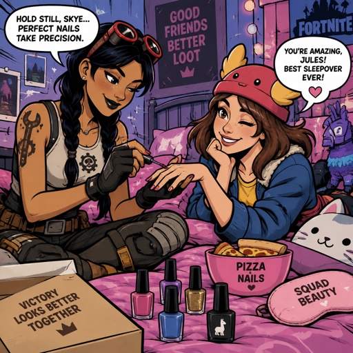 Jules from Fortnite and Skye from Fortnite having a sleepover painting nails