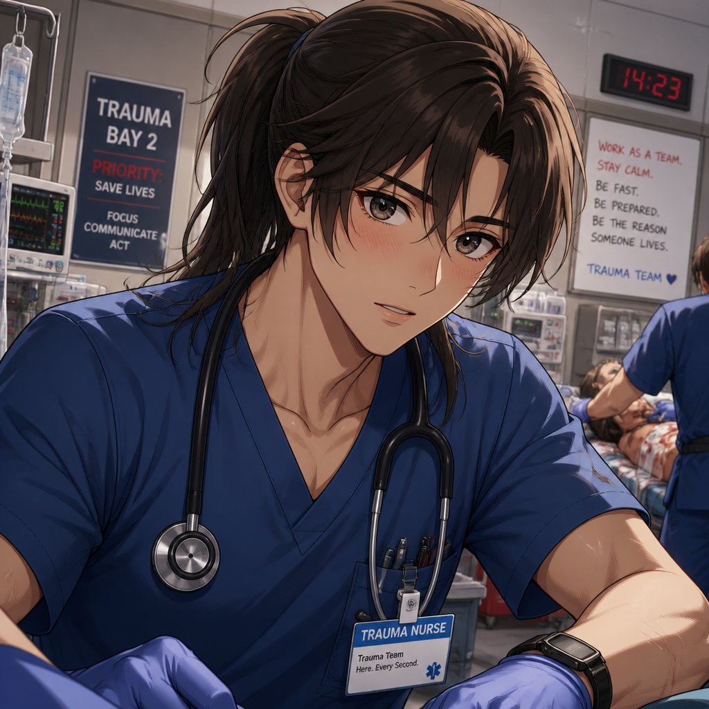 Trauma male nurse, long dark brown hair in ponytail blue scrubs; anime style
