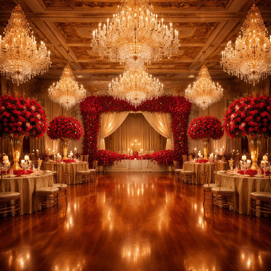A ballroom with red roses and chandeliers with a dance floor
