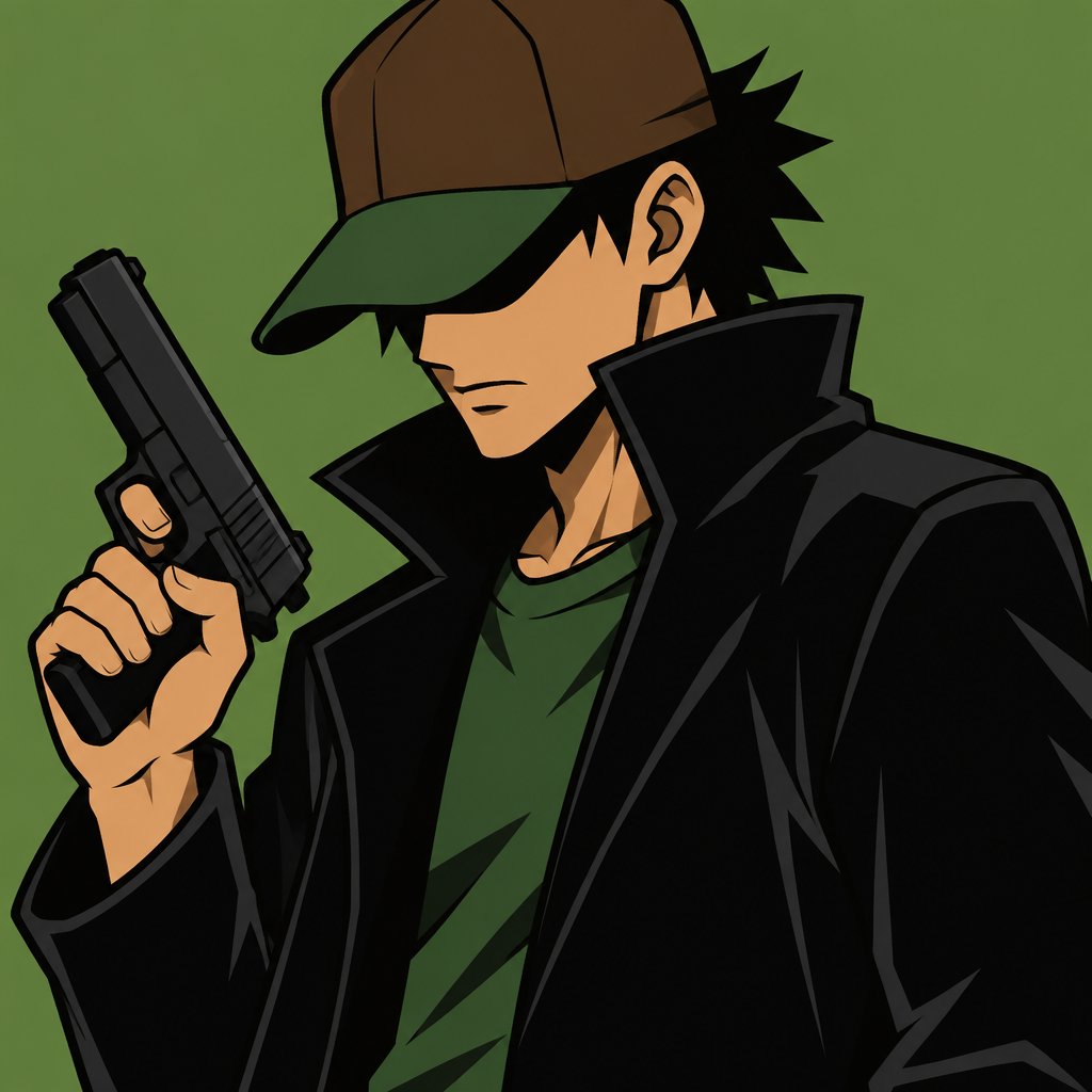 Male, brown cap with green around it that covers eyes, black back hair spiky, black trench coat with upturned collar, green shirt, holding gun