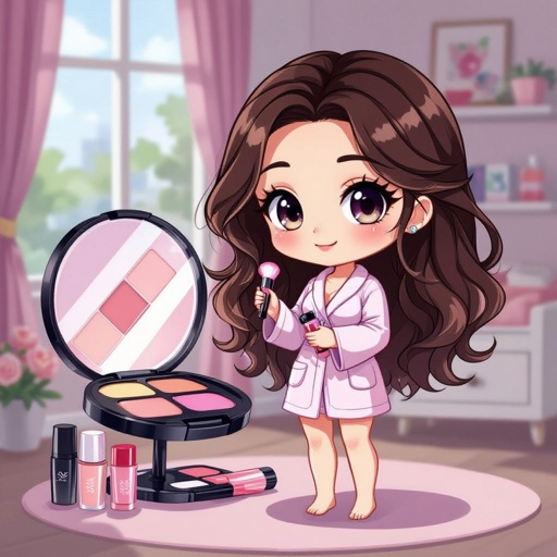 Create a character showing there whole body head to toe, a lady who loves beauty products  