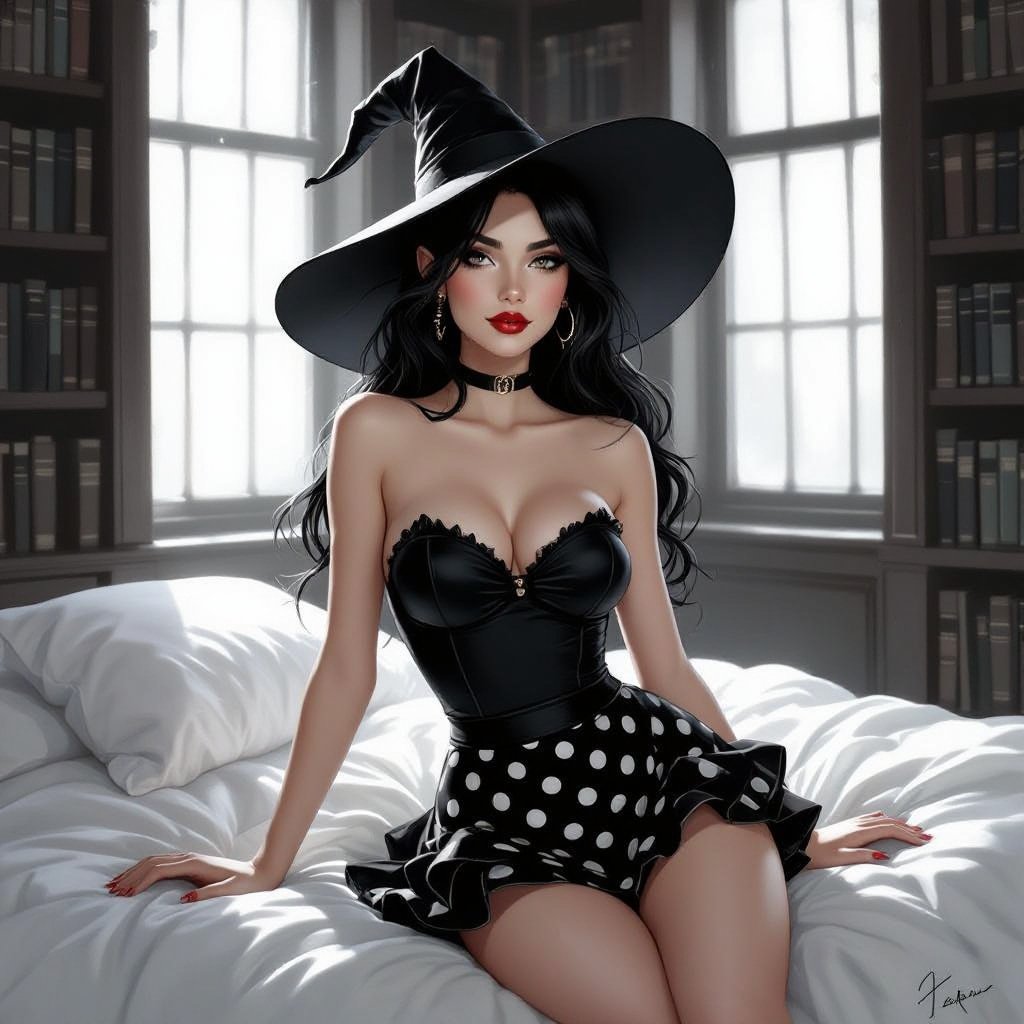 Dark Brunette Elf Witch Librariani with With Hat. Strapless Bathing Suit Top and Black and white Polka Dot Mini Pencil Skirt laying on Library Bed