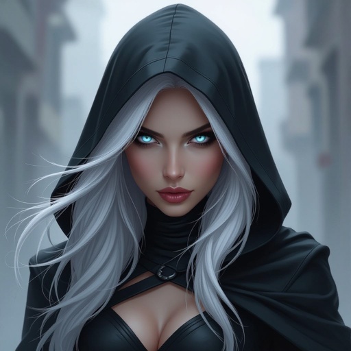 Woman with white hair and white eyes is a badass assassin with intense mystery and darkness