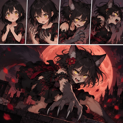 Small anime girl, transforming into a werewolf,black dress with red flowers on it, short black hair, golden eyes