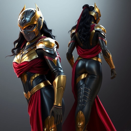 An African American female superhero wearing A full face female war mask with gold accents wearing a gold and silver set of chest armor with a red cloth wrapped around her waist wearing leather pants with leg armor and gold boots
