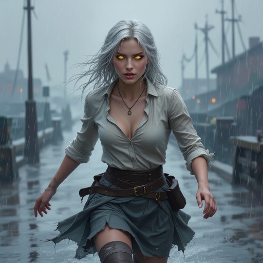 A painting of Maerriss Nex, a Half-Drow (Half-Elf) woman inspired by Emma Watson, running across the wet docks of Eendood in the pouring rain. Her skin is light ash-gray with faint violet undertones, and her eyes glow pale molten-gold with gray sclera. Her white-silver hair is loose, tangled, and soaked by wind and rain, whipping behind her.  She wears a pale linen frilled blouse, visibly worn from her escape — the right shoulder seam torn, exposing only her collarbone, while the sleeves are dirt-stained, frayed, and ripped from catching on splintered docks.  Her slate-gray reed-weave skirt follows the high-waisted, thigh-length pleated design from the reference: structured waistband, deep vertical pleats, and natural motion as she runs. The skirt is wet, heavy, and frayed at the edges with small tears at the hem.  Her white thigh-high stockings are muddy and torn at one knee. She is missing her left boot, revealing a bare, wet, muddy foot, while her right boot remains laced, scuffed, and soaked.  Rain glistens on the wooden planks beneath her as brass lanterns cast warm reflections across the puddles and fog. Her expression is fierce and determined, caught mid-stride, her blouse and skirt flaring with the motion, the storm wind and lantern glow giving the scene cinematic energy and realism.   Run it