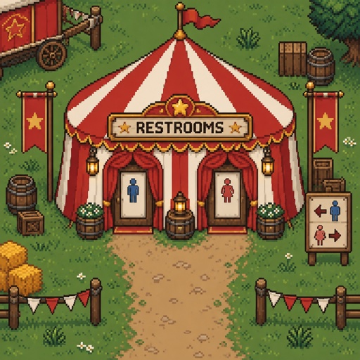 Cozy circus restrooms for a modern fantasy game, exterior, top down style