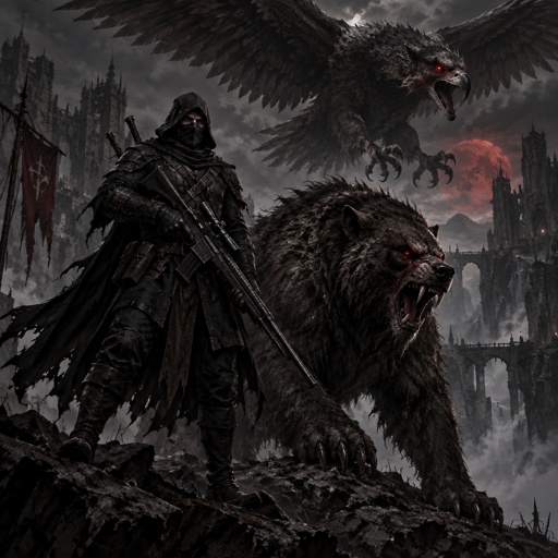 A ninja hunter, with rifle beside a half wolf/ half grizzly. Background giant vicious half eagle / half falcon in air