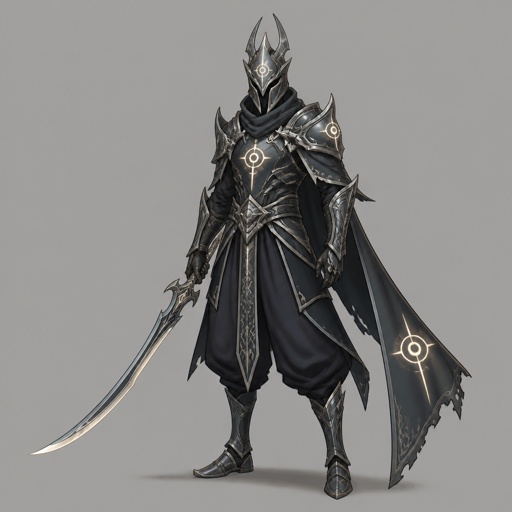 assassin, long curved sword, crested helmet, dark silver armor, luminous lord, baggy pants, eye of the storm mark
