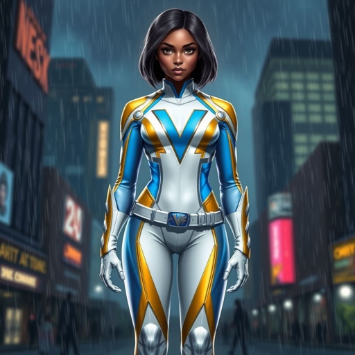 A teenage African American female superhero with hair in a shoulder length side part style wearing a white and Gold suit with blue accents and a stylized V as her chest emblem a utility belt and silver boots standing in Philadelphia during a rain storm