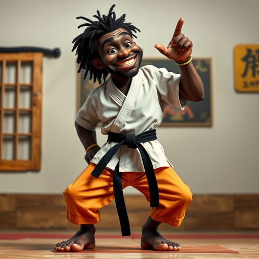 Create a character who looks like a funny African karate guy who doesn’t have a clue what he is doing. Make him have weird toes, only speedos on and a black karate belt.